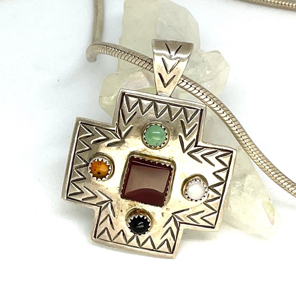 Vintage Navajo Cross Pendant Garnet Turquoise Amber Onyx Moonstone. Sterling - Picture 2 of 6
